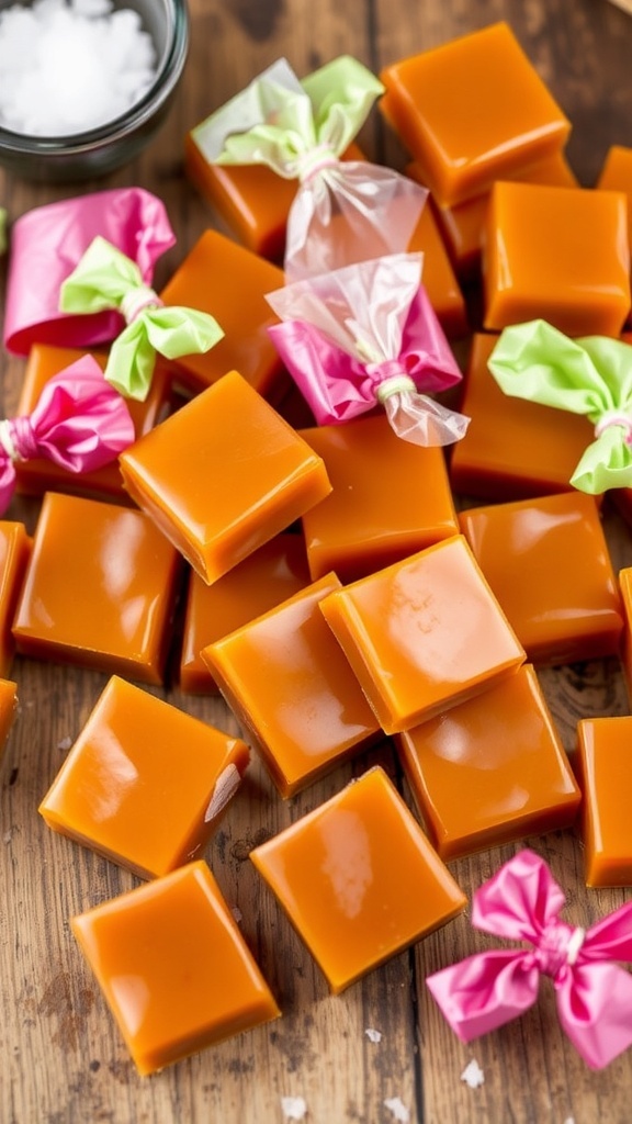 Quick Microwave Caramels Recipe Homemade caramels wrapped in colorful wax paper on a wooden surface.